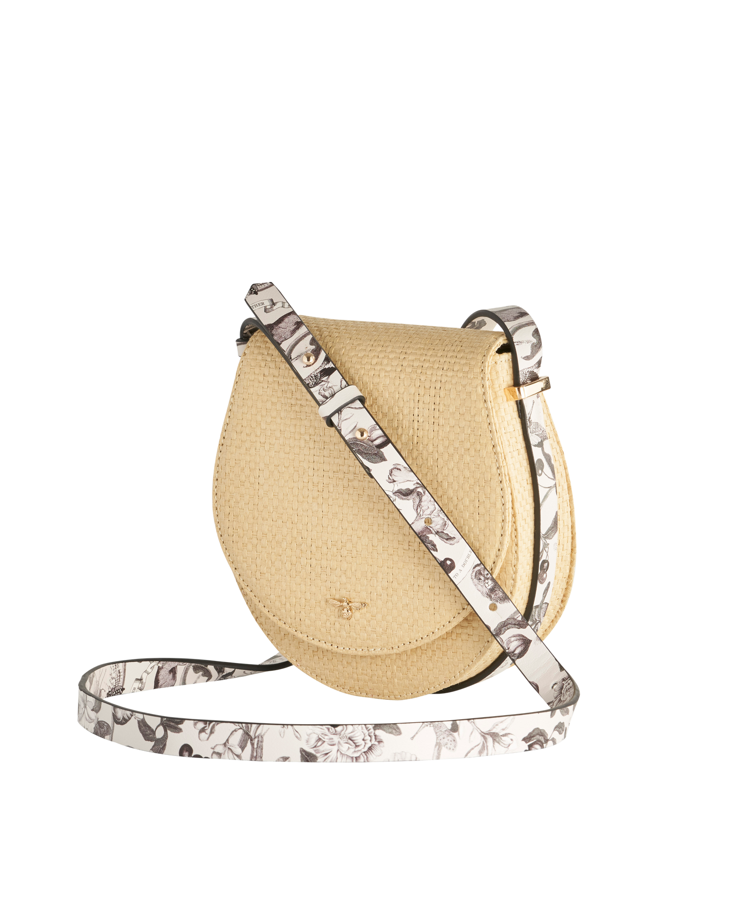 FABLE Tree Of Life Monochrome Raffia Saddle Purse
