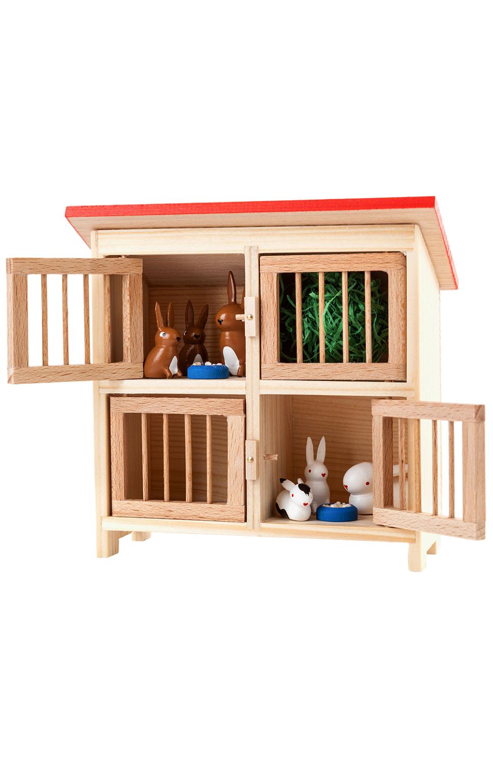 German Wooden Rabbit Hutch with Rabbits