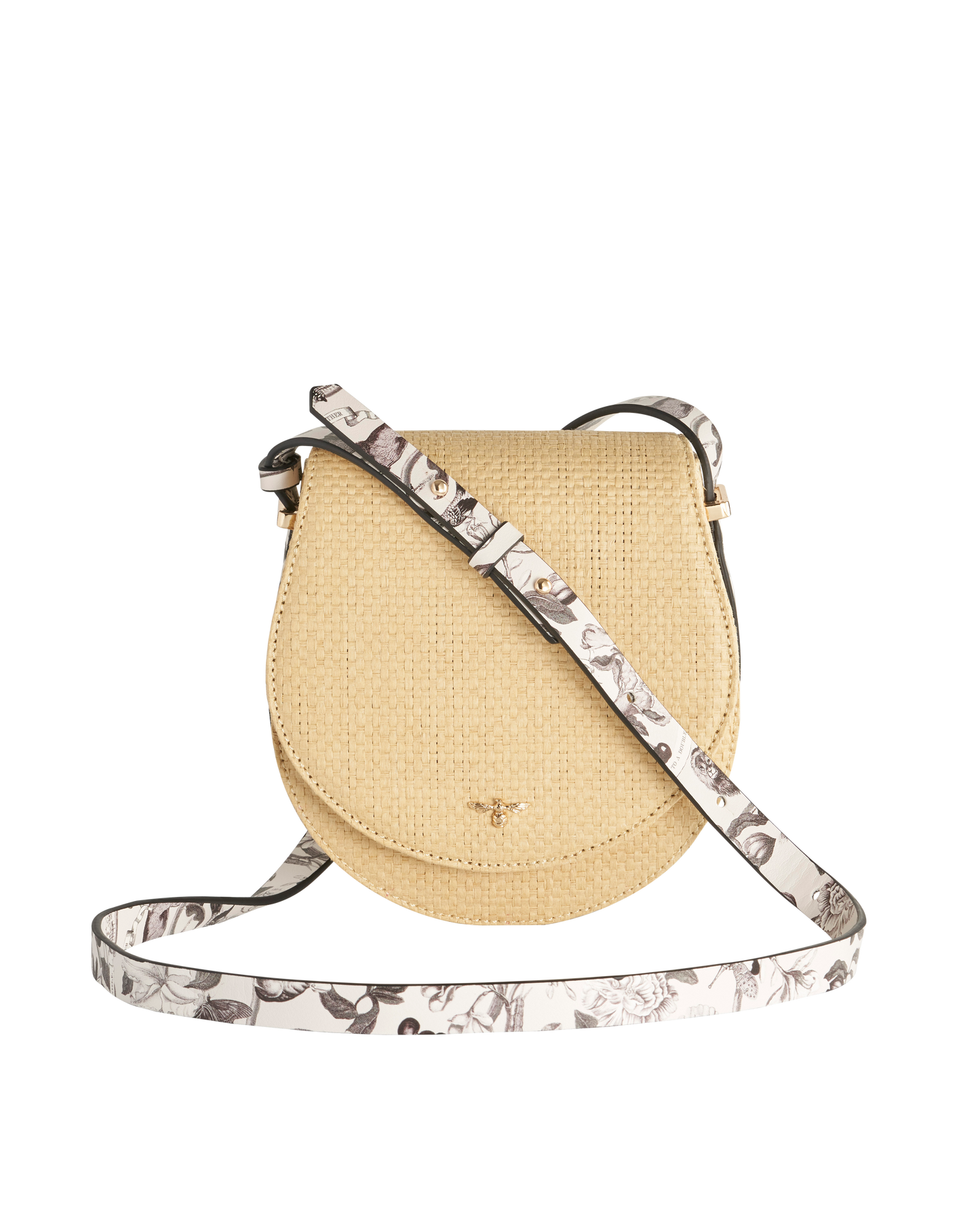 FABLE Tree Of Life Monochrome Raffia Saddle Purse