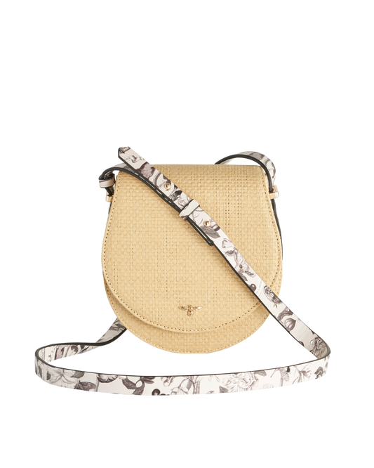 FABLE Tree Of Life Monochrome Raffia Saddle Purse