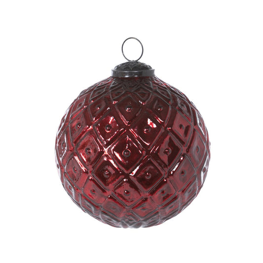 Diamond Pattern Garnet Glass Ball Ornament. 5 in