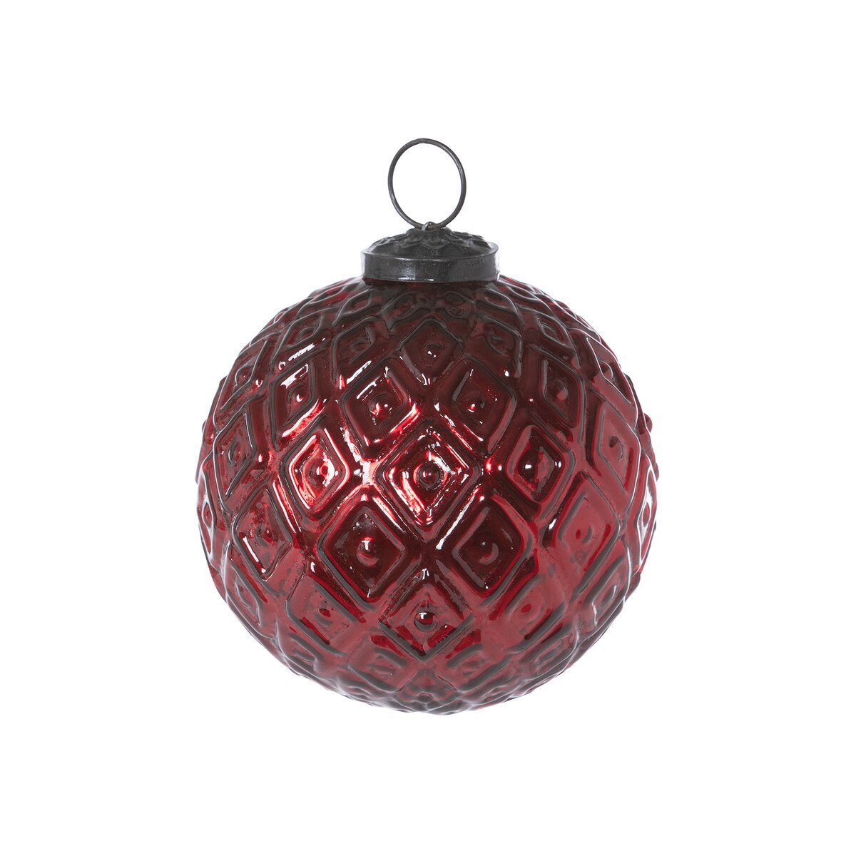 Diamond Pattern Garnet Glass Ball Ornament, 3 in,