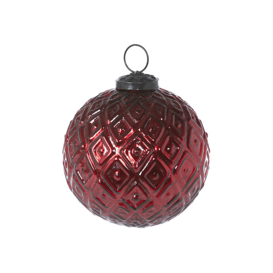 Diamond Pattern Garnet Glass Ball Ornament, 3 in,
